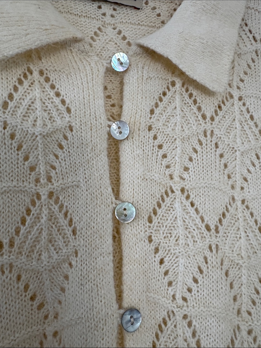 Marine Layer Rebecca Sweater Polo Fall 2025 Cream Pointelle Puff Sleeve Fuzzy XL - Picture 5 of 13